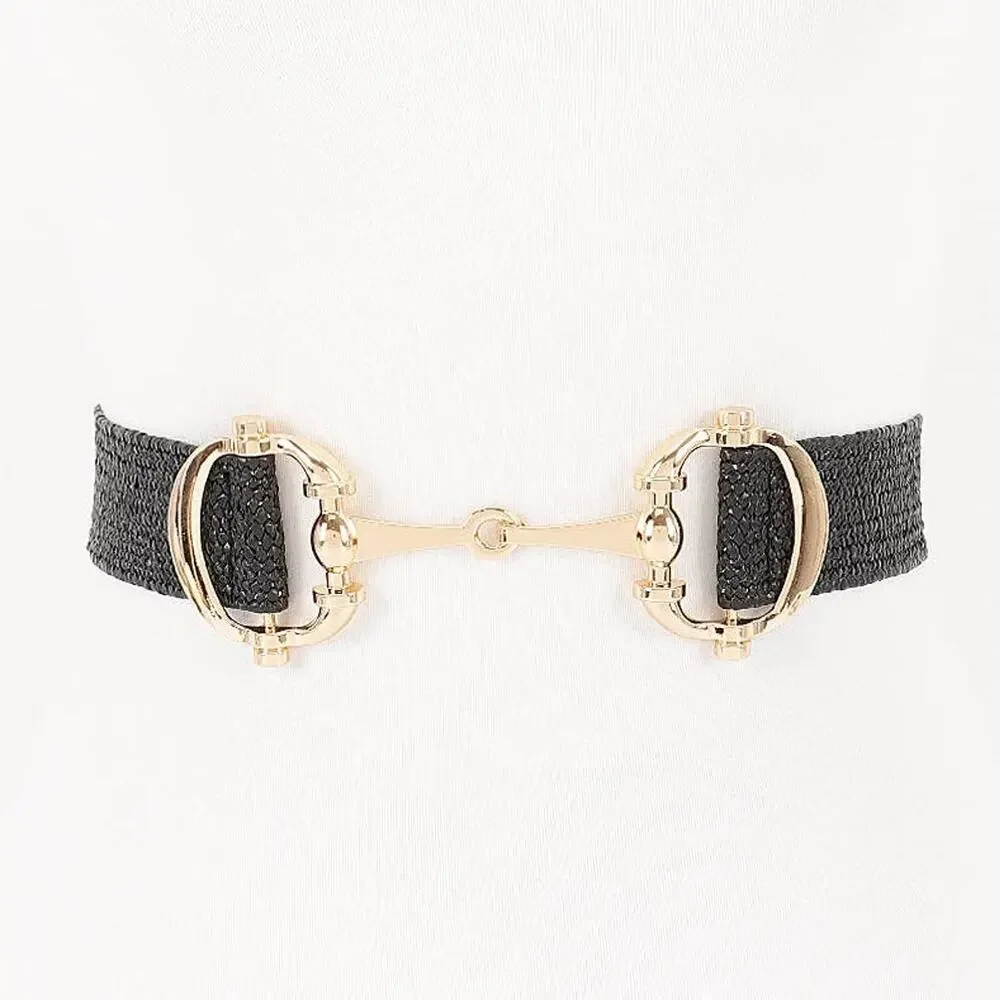 Straw Metal Horse Bit Buckle Elastic Belt Black Gold